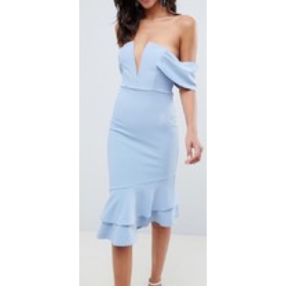 ASOS Dresses & Skirts - ASOS Womens Textured Bodycon Ruffle Trim Peplum MIDI Dress V Neck Off Shoulder 8